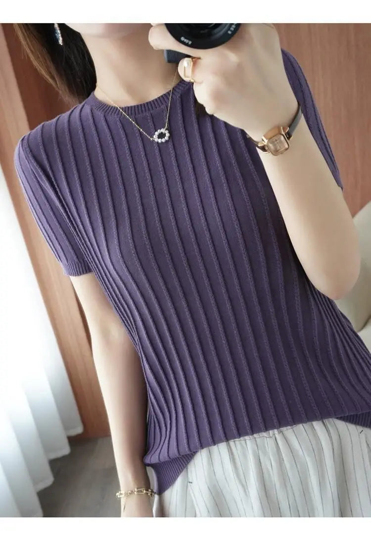 2023 Summer New Loose Thin Style Round Neck Short Sleeve T-shirt Women Fashion Vintage Elegant Screw Thread Knitting Pullovers