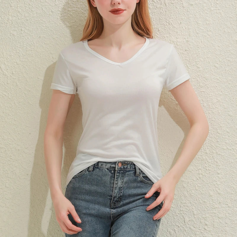 Solid Women Cotton T-shirt V-Neck Short Sleeve Female Tee Slim White And Balck T-Shirt Casual Solid Lady Tshirt Tops