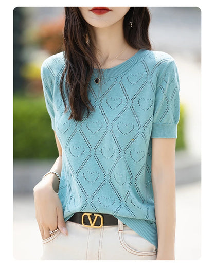 New Summer Fashion 100% Pure Cotton Women's Sweater Short sleeved Casual O-neck Pullover T-shirt Loose Knitted Hollow Top