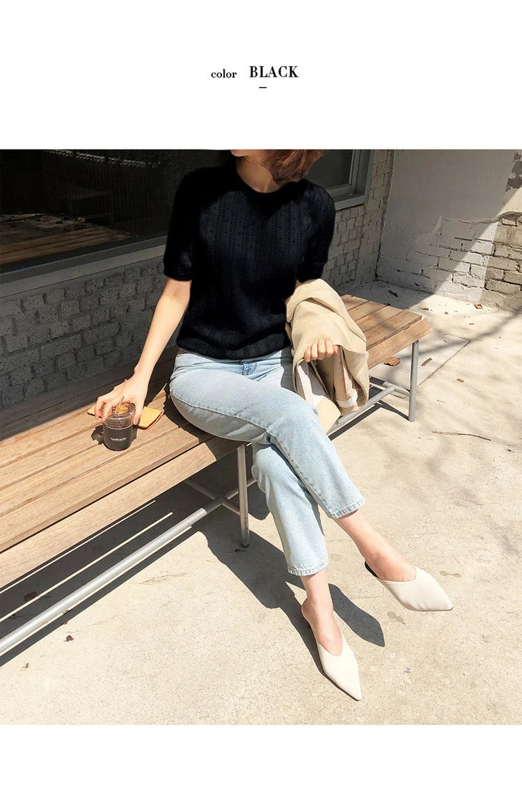 100% Cotton Women Hollow-out Sweater T-shirt New Summer Fashion Short-sleeve O-Neck Pullover Tees Korea Casual Knitted Tops