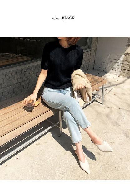 100% Cotton Women Hollow-out Sweater T-shirt New Summer Fashion Short-sleeve O-Neck Pullover Tees Korea Casual Knitted Tops
