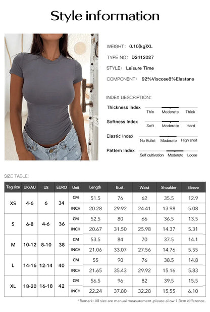 2024 Women's Clothing Y2K Style Solid Color Slim Fit Short-sleeved T-shirt