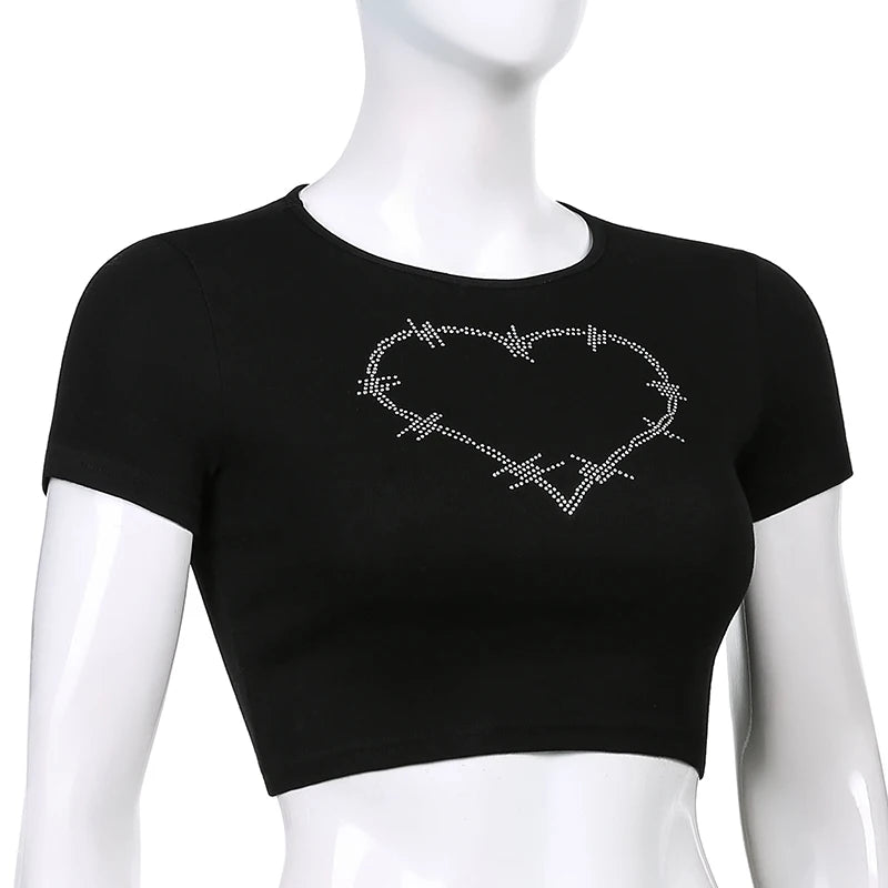 Y2K Women Backless Hollow Out T Shirt Sexy Bandage Crop Tops O-neck Tshirt Black Streetwear Short Sleeve Slim Bodycon T-shirt