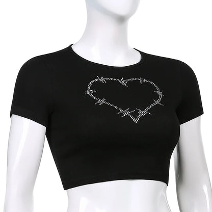 Y2K Women Backless Hollow Out T Shirt Sexy Bandage Crop Tops O-neck Tshirt Black Streetwear Short Sleeve Slim Bodycon T-shirt