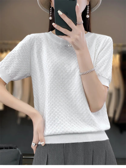 Pure Cotton Hollow Short-Sleeved Ladies Spring And Summer Loose Slim New Joker Knit Bottoming T-Shirt