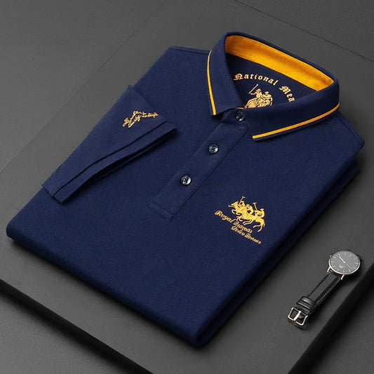 Camisa polo masculina: bordada, em algodão de luxo, casual com lapela e manga curta