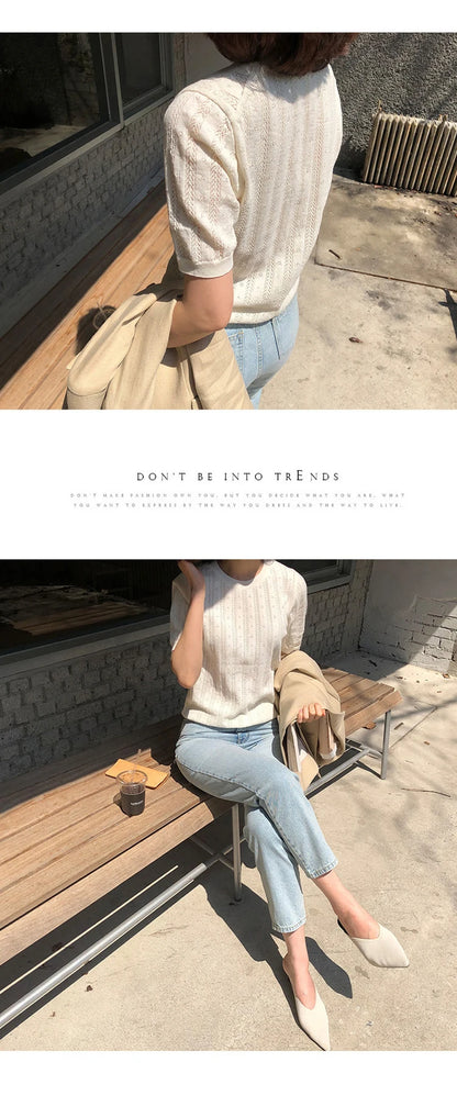 100% Cotton Women Hollow-out Sweater T-shirt New Summer Fashion Short-sleeve O-Neck Pullover Tees Korea Casual Knitted Tops