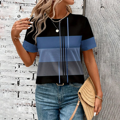 2024 Fashion Women's Stripe Print T-shirt Top Simple Casual Female Short Sleeve Clothing New Loose Colorful O-Neck T-Shirts