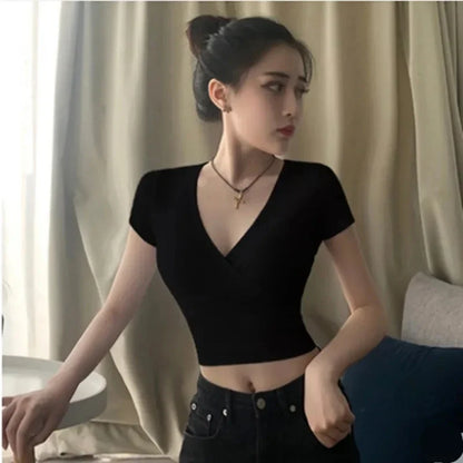 Summer Sexy Women Slim Crop Top Tees T Shirt Low Cut Short Sleeve Solid Female Teenage Girls Femmes T-Shirt Cross Wrap