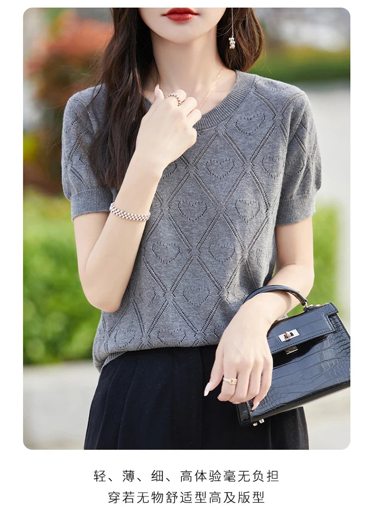 New Summer Fashion 100% Pure Cotton Women's Sweater Short sleeved Casual O-neck Pullover T-shirt Loose Knitted Hollow Top