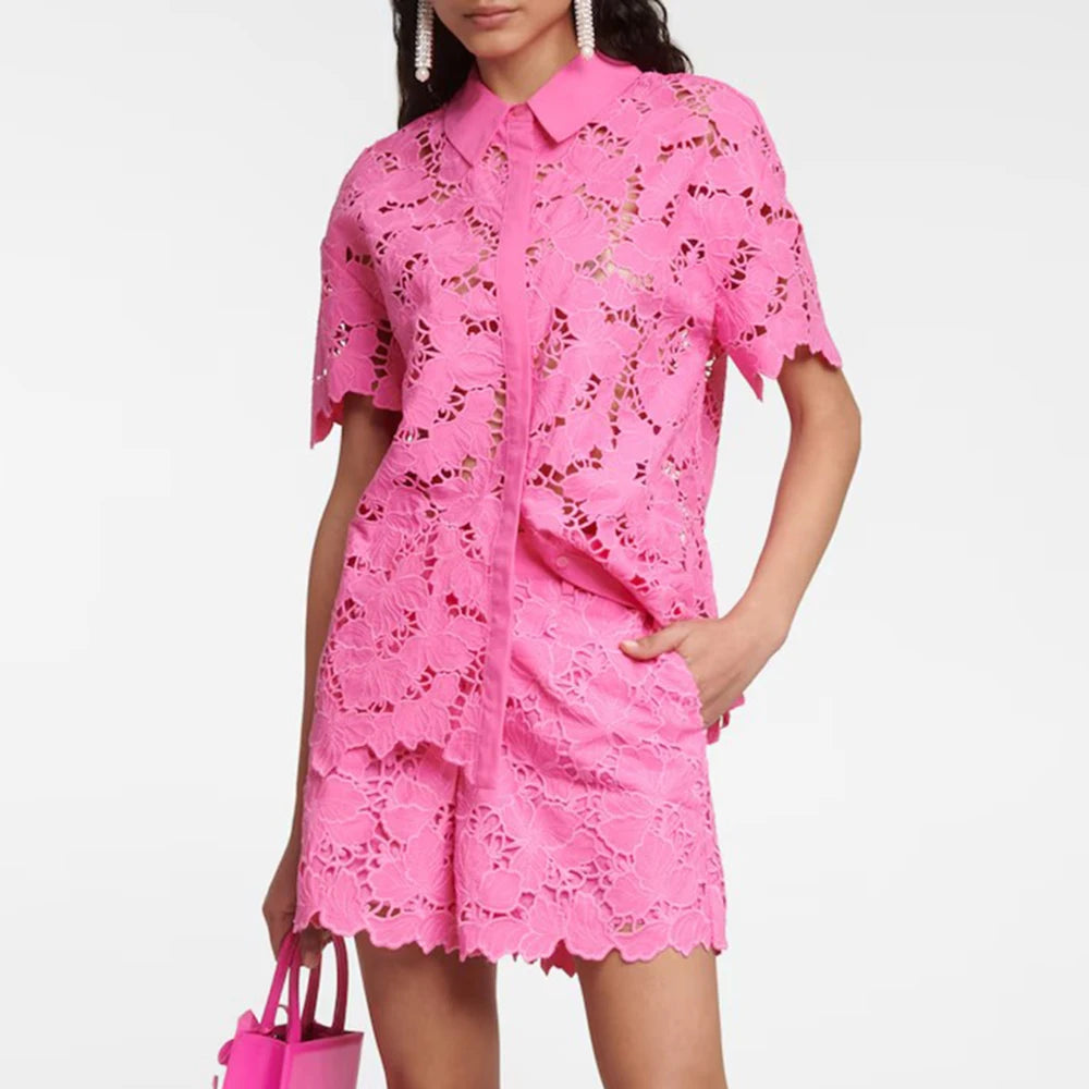 VGH Solid Two Piece Sets For Women Lapel Short Sleeve Spliced Single Breasted Shirts High Waist Shorts Hollow Out Set Female New