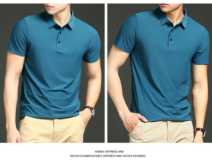 Camisa polo masculina de malha fina: elástica, respirável, polo com lapela casual