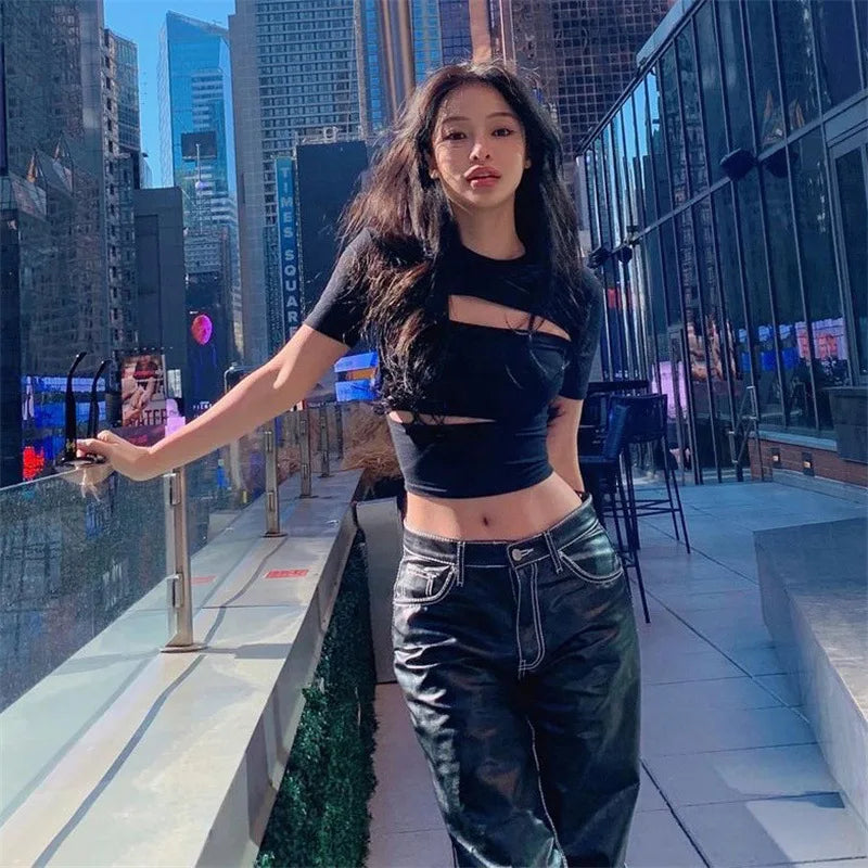 Spring New Women's Solid Color Slim Fit Round Neck Short-Sleeved T-Shirt Street Fashion Navel Style for Ladies