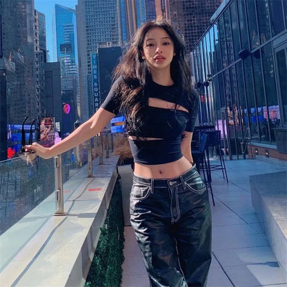 Spring New Women's Solid Color Slim Fit Round Neck Short-Sleeved T-Shirt Street Fashion Navel Style for Ladies
