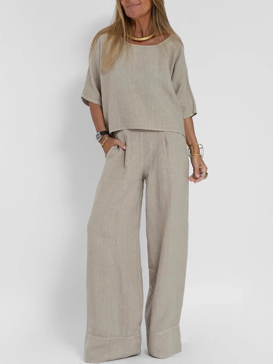 Europe and the United States new summer women's casual loose solid color short sleeve cotton linen trouser suit