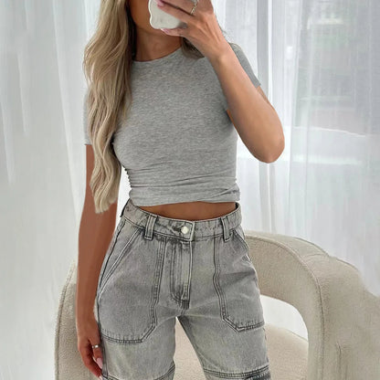 2024 Women's Clothing Y2K Style Solid Color Slim Fit Short-sleeved T-shirt