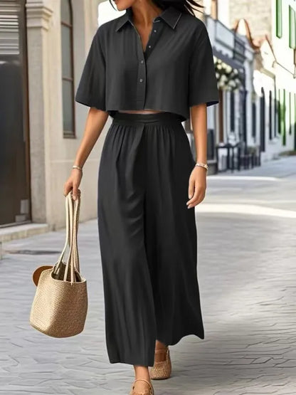 Conjunto de duas peças: em algodão e linho, moda verão casual. Camisa curta + perna larga