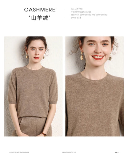 100% cashmere women's sweater short sleeved knitted O-neck five quarter sleeve fashionable hot selling women's T-shirt