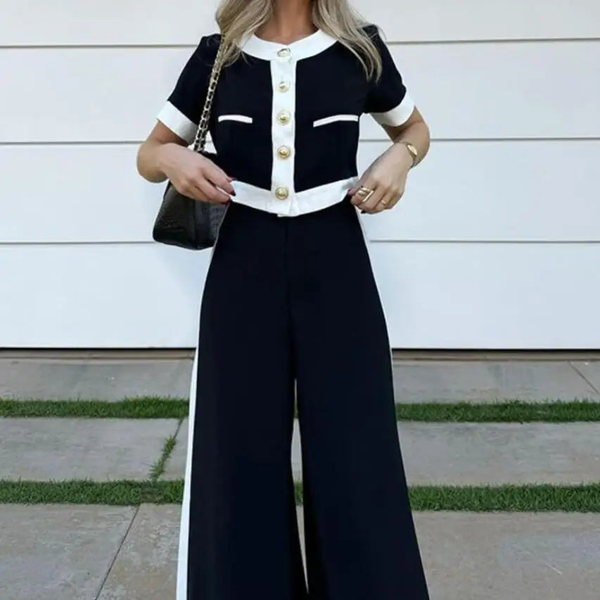 Conjunto camisa manga curta com botão + calça de perna reta larga