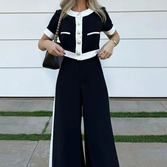 Conjunto camisa manga curta com botão + calça de perna reta larga