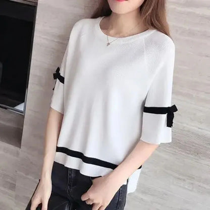 Oversize Knit Women Three Quarter T-Shirt Top Summer Causal Elegant Short Sleeve Camisetas Korean Fashion Loose Knitwear Tee New