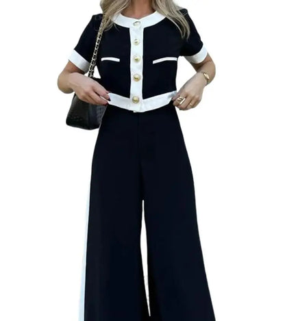 Conjunto camisa manga curta com botão + calça de perna reta larga