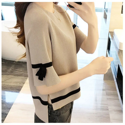 Oversize Knit Women Three Quarter T-Shirt Top Summer Causal Elegant Short Sleeve Camisetas Korean Fashion Loose Knitwear Tee New