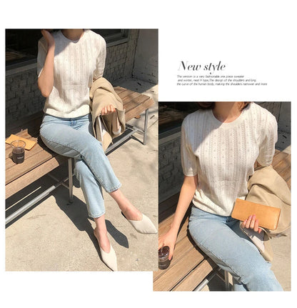 100% Cotton Women Hollow-out Sweater T-shirt New Summer Fashion Short-sleeve O-Neck Pullover Tees Korea Casual Knitted Tops