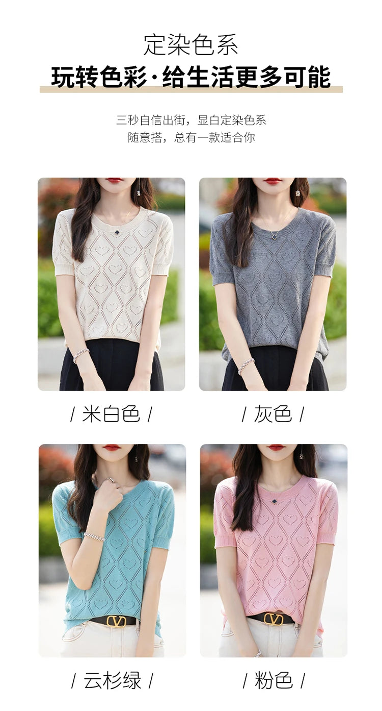 New Summer Fashion 100% Pure Cotton Women's Sweater Short sleeved Casual O-neck Pullover T-shirt Loose Knitted Hollow Top