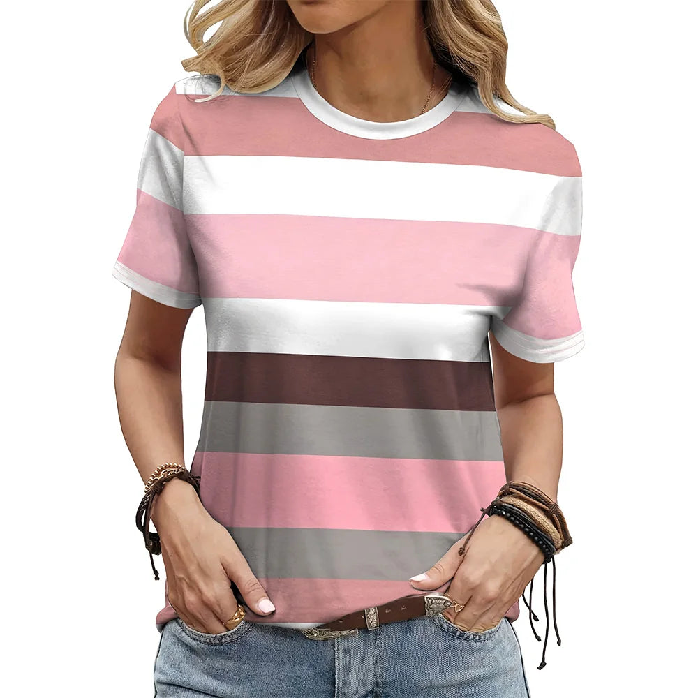 2024 Fashion Women's Stripe Print T-shirt Top Simple Casual Female Short Sleeve Clothing New Loose Colorful O-Neck T-Shirts
