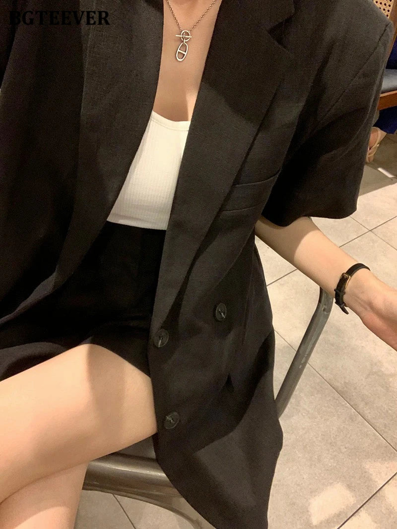 Conjunto de 2 peças feminino: jaqueta de manga curta, single breasted, shorts de perna larga, solto, casual