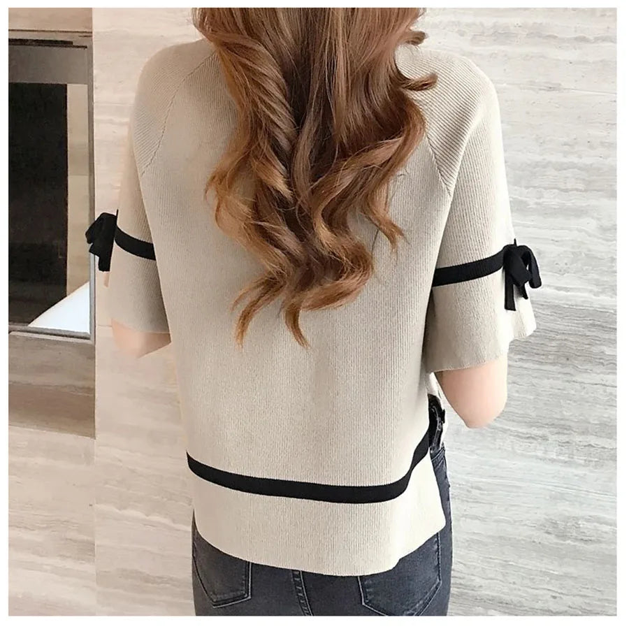 Oversize Knit Women Three Quarter T-Shirt Top Summer Causal Elegant Short Sleeve Camisetas Korean Fashion Loose Knitwear Tee New