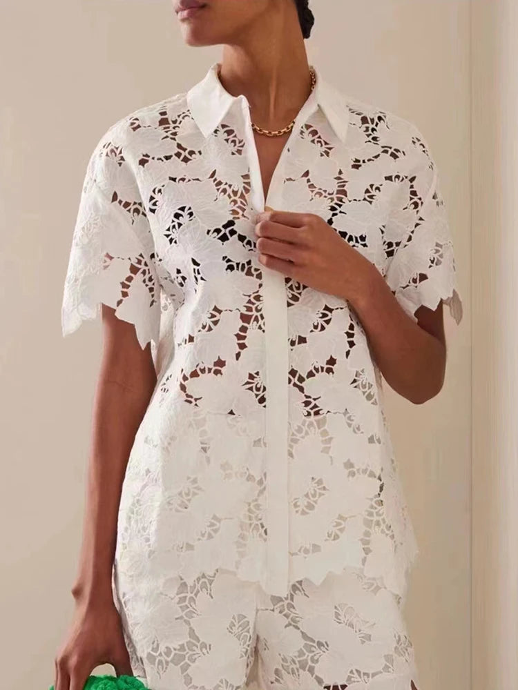 VGH Solid Two Piece Sets For Women Lapel Short Sleeve Spliced Single Breasted Shirts High Waist Shorts Hollow Out Set Female New