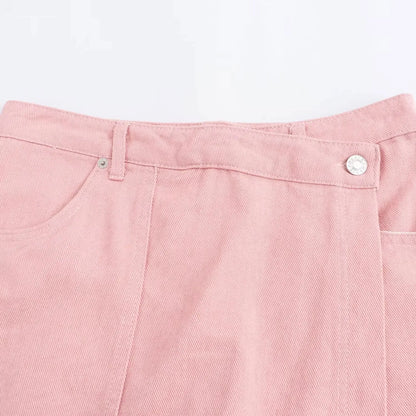Conjuntos femininos em jeans: camisa gola com manga curta e bolso decoração +  shorts cintura média assimétrico
