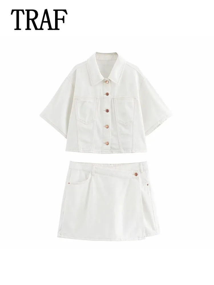 Conjuntos femininos em jeans: camisa gola com manga curta e bolso decoração +  shorts cintura média assimétrico
