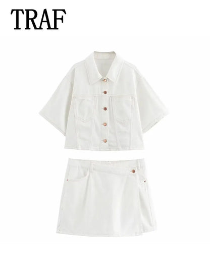 Conjuntos femininos em jeans: camisa gola com manga curta e bolso decoração +  shorts cintura média assimétrico