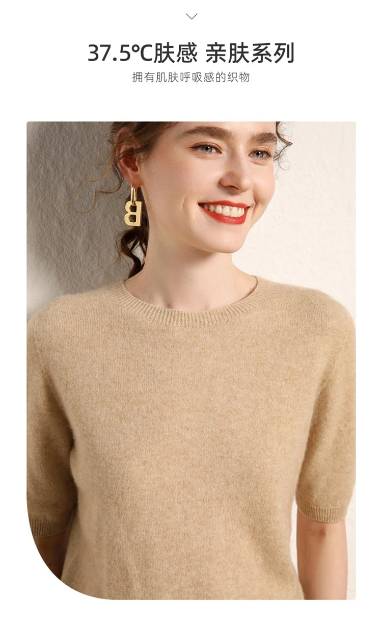 100% cashmere women's sweater short sleeved knitted O-neck five quarter sleeve fashionable hot selling women's T-shirt