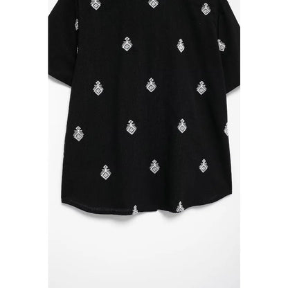Conjunto Elegance: casual com 2 peças bordados com camisa tipo top de manga curta e lapela combinando calças largas