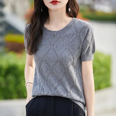 New Summer Fashion 100% Pure Cotton Women's Sweater Short sleeved Casual O-neck Pullover T-shirt Loose Knitted Hollow Top