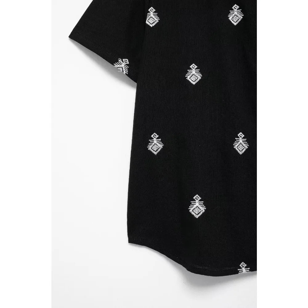 Conjunto Elegance: casual com 2 peças bordados com camisa tipo top de manga curta e lapela combinando calças largas