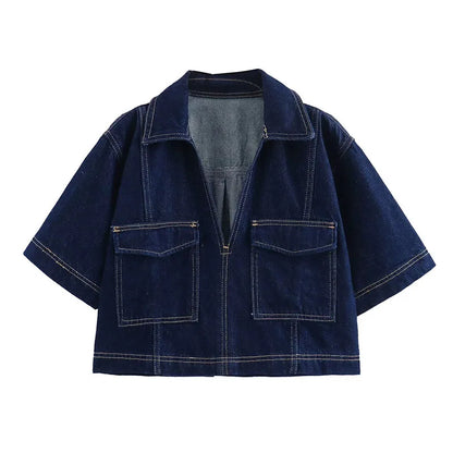 Conjunto feminina em jeans: camisa colarinho degotado com manga curta e bolso decoração + shorts cintura média assimétricos
