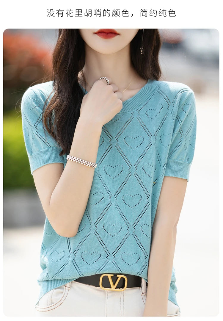 New Summer Fashion 100% Pure Cotton Women's Sweater Short sleeved Casual O-neck Pullover T-shirt Loose Knitted Hollow Top