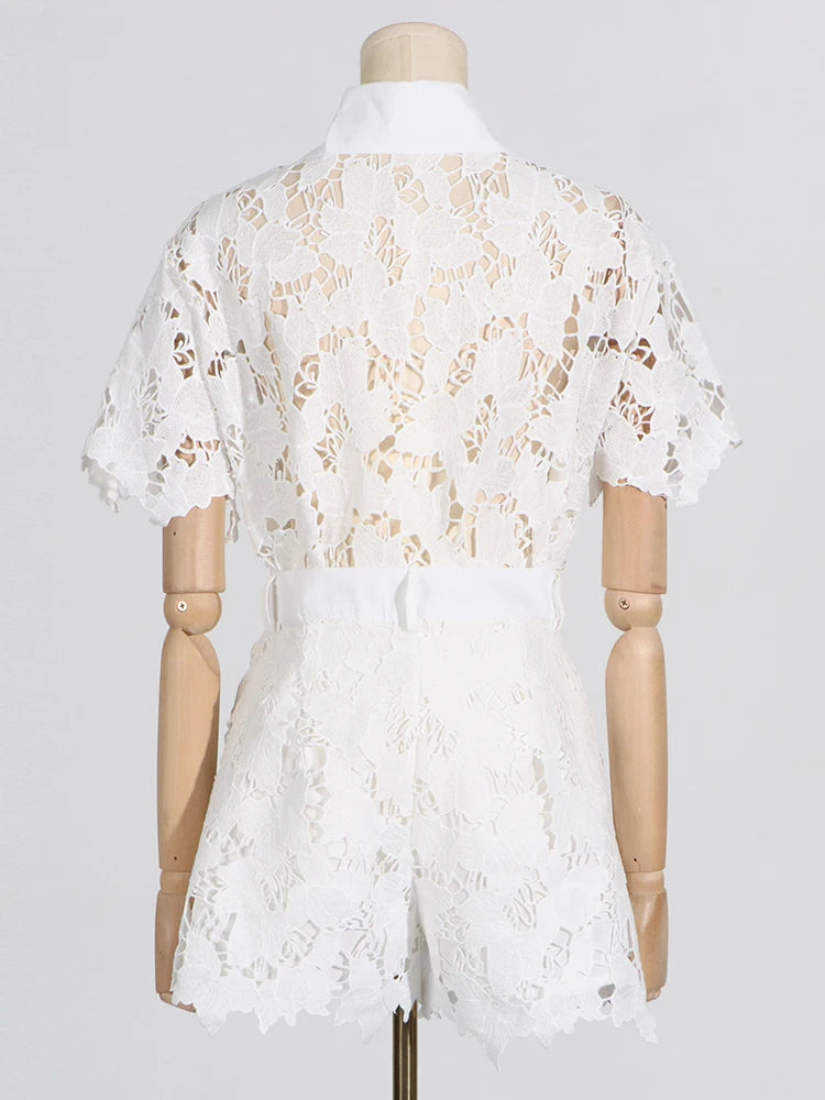 VGH Solid Two Piece Sets For Women Lapel Short Sleeve Spliced Single Breasted Shirts High Waist Shorts Hollow Out Set Female New