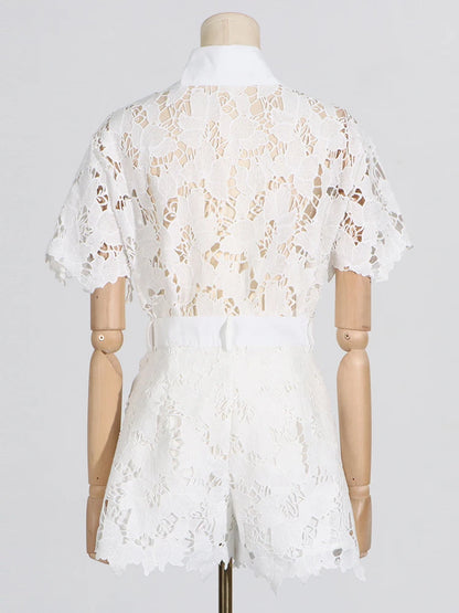 VGH Solid Two Piece Sets For Women Lapel Short Sleeve Spliced Single Breasted Shirts High Waist Shorts Hollow Out Set Female New
