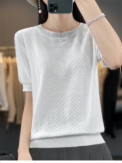 Pure Cotton Hollow Short-Sleeved Ladies Spring And Summer Loose Slim New Joker Knit Bottoming T-Shirt
