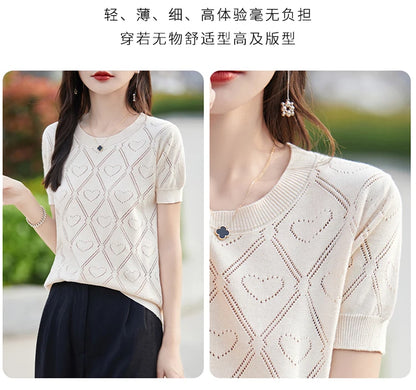New Summer Fashion 100% Pure Cotton Women's Sweater Short sleeved Casual O-neck Pullover T-shirt Loose Knitted Hollow Top