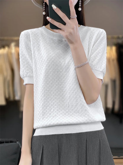 Pure Cotton Hollow Short-Sleeved Ladies Spring And Summer Loose Slim New Joker Knit Bottoming T-Shirt
