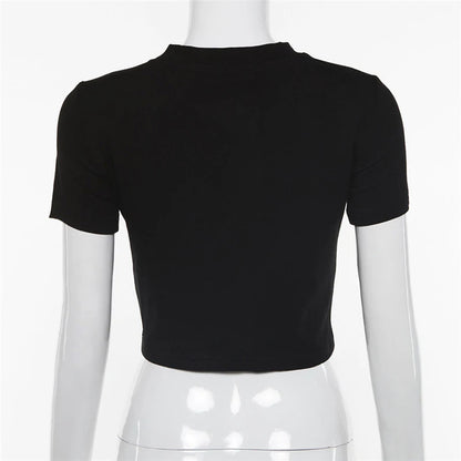Y2K Women Backless Hollow Out T Shirt Sexy Bandage Crop Tops O-neck Tshirt Black Streetwear Short Sleeve Slim Bodycon T-shirt