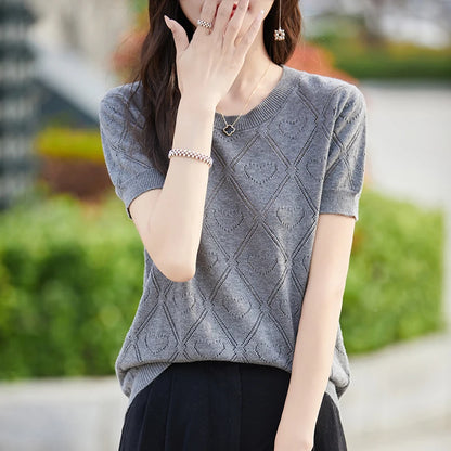 New Summer Fashion 100% Pure Cotton Women's Sweater Short sleeved Casual O-neck Pullover T-shirt Loose Knitted Hollow Top
