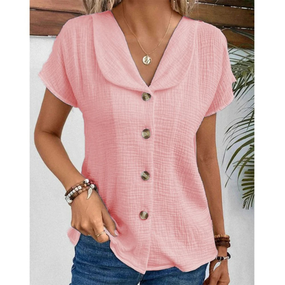 Simple Solid Color Blouse Women's Summer V-neck Button Short Sleeve Lady Work T-shirt Tops